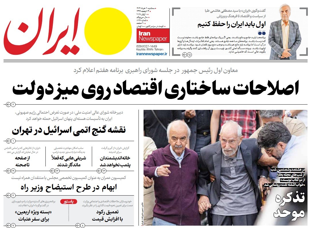 صفحه نخست روزنامه‌ های بیستم خرداد
