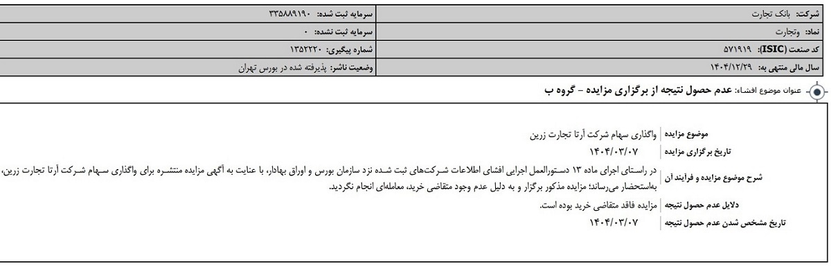 نتیجه مزایده بانک تجارت