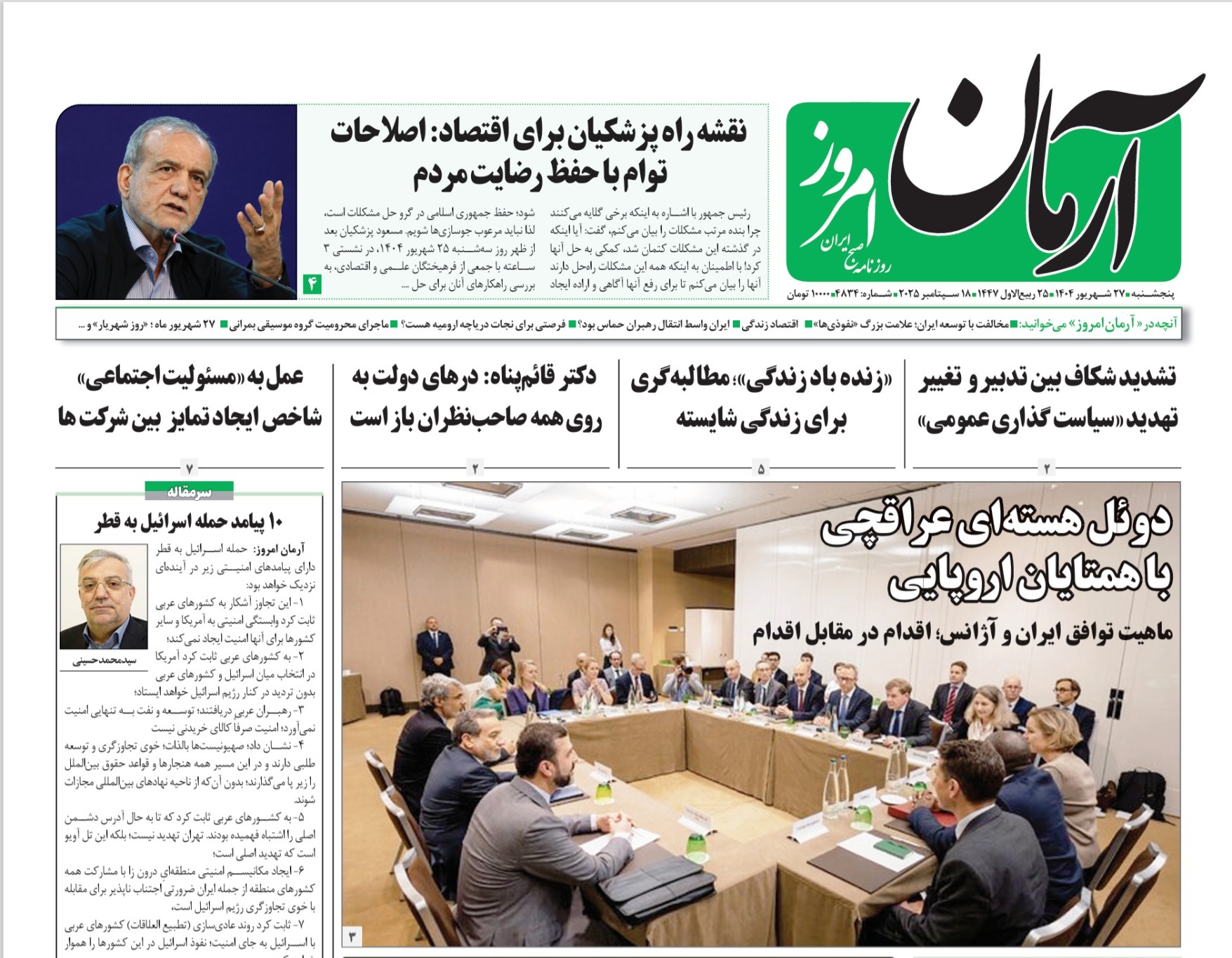 صفحه نخست روزنامه‌ های بیست و هفتم شهریور
