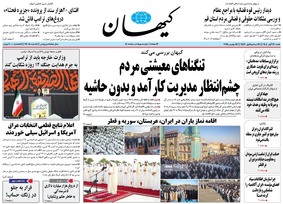 صفحه نخست روزنامه‌ های بیست و چهارم آبان