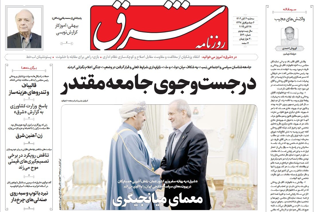 صفحه نخست روزنامه‌ های ششم آبان